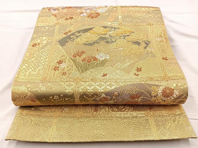 平和屋着物◎六通柄袋帯 飾棚扇花文 金糸 正絹 逸品 BAAQ9473cm
