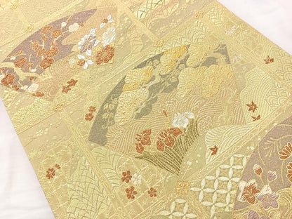 平和屋着物◎六通柄袋帯 飾棚扇花文 金糸 正絹 逸品 BAAQ9473cm