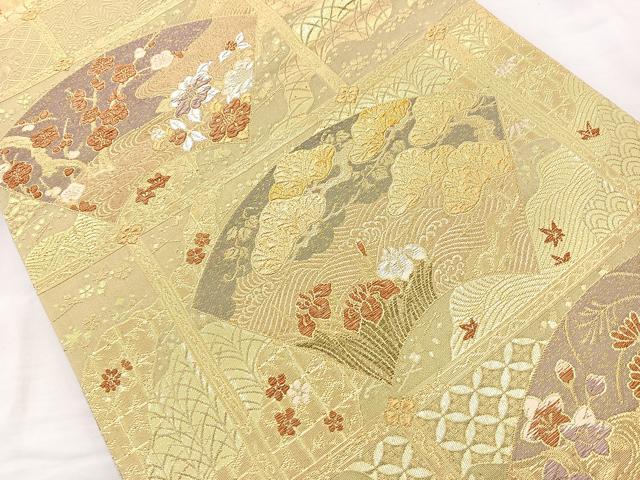 平和屋着物◎六通柄袋帯 飾棚扇花文 金糸 正絹 逸品 BAAQ9473cm