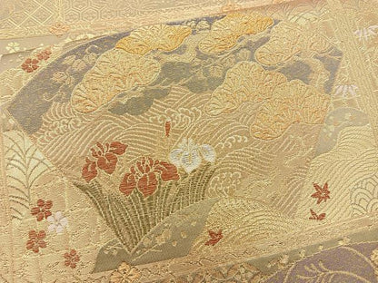 平和屋着物◎六通柄袋帯 飾棚扇花文 金糸 正絹 逸品 BAAQ9473cm