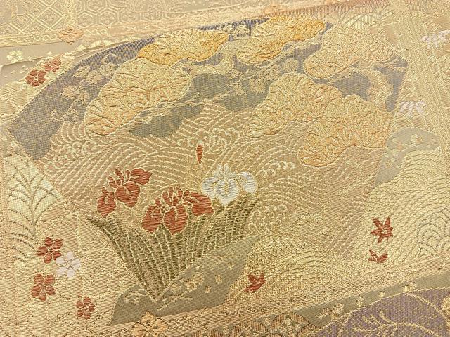 平和屋着物◎六通柄袋帯 飾棚扇花文 金糸 正絹 逸品 BAAQ9473cm