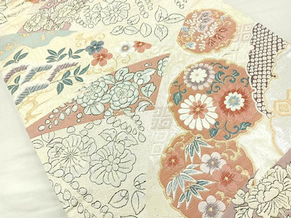 平和屋着物◎六通柄袋帯 唐織 ふくれ織 雪輪草花文 金銀彩 正絹 逸品 BAAQ9506cm