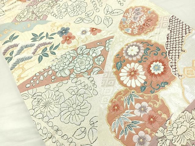 平和屋着物◎六通柄袋帯 唐織 ふくれ織 雪輪草花文 金銀彩 正絹 逸品 BAAQ9506cm