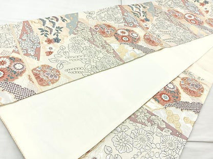 平和屋着物◎六通柄袋帯 唐織 ふくれ織 雪輪草花文 金銀彩 正絹 逸品 BAAQ9506cm