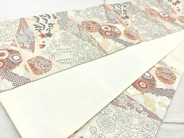 平和屋着物◎六通柄袋帯 唐織 ふくれ織 雪輪草花文 金銀彩 正絹 逸品 BAAQ9506cm