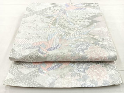 平和屋着物◎六通柄袋帯 唐織 九百錦 尾長鳥文 プラチナ箔 正絹 逸品 BAAQ9527cm