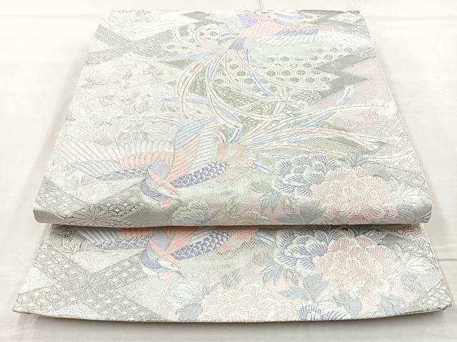 平和屋着物◎六通柄袋帯 唐織 九百錦 尾長鳥文 プラチナ箔 正絹 逸品 BAAQ9527cm