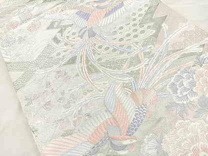 平和屋着物◎六通柄袋帯 唐織 九百錦 尾長鳥文 プラチナ箔 正絹 逸品 BAAQ9527cm