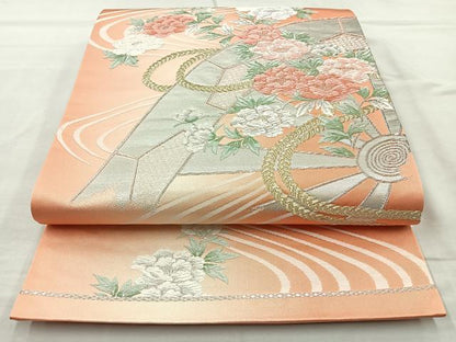 平和屋着物◎六通柄袋帯 唐織 片輪車花文 金銀糸 正絹 逸品 BAAQ9548cm