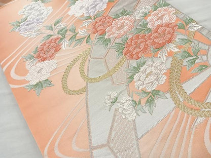 平和屋着物◎六通柄袋帯 唐織 片輪車花文 金銀糸 正絹 逸品 BAAQ9548cm