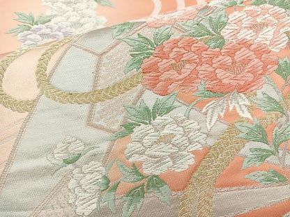 平和屋着物◎六通柄袋帯 唐織 片輪車花文 金銀糸 正絹 逸品 BAAQ9548cm