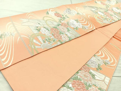 平和屋着物◎六通柄袋帯 唐織 片輪車花文 金銀糸 正絹 逸品 BAAQ9548cm