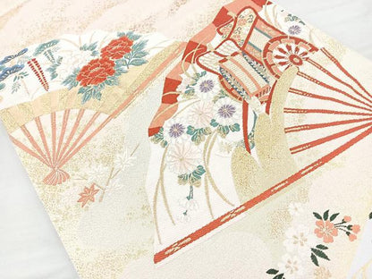 平和屋着物◎六通柄袋帯 唐織 扇面御所車花鳥文 金糸 正絹 逸品 BAAQ9552cm