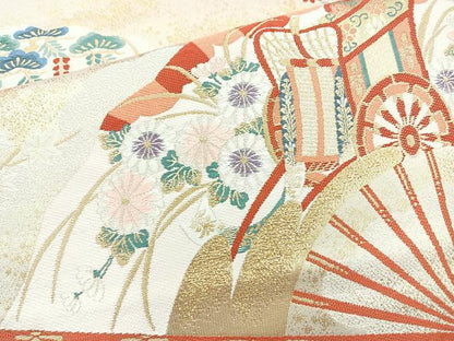 平和屋着物◎六通柄袋帯 唐織 扇面御所車花鳥文 金糸 正絹 逸品 BAAQ9552cm