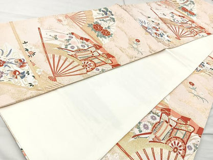 平和屋着物◎六通柄袋帯 唐織 扇面御所車花鳥文 金糸 正絹 逸品 BAAQ9552cm