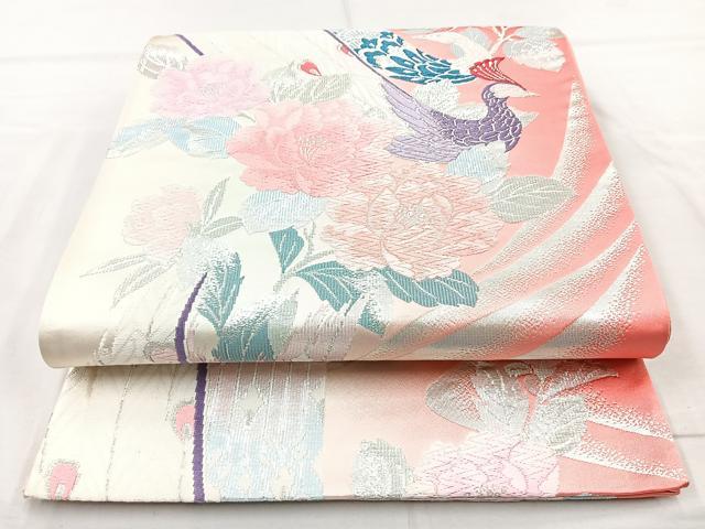 平和屋着物◎六通柄袋帯 唐織 孔雀花文 銀糸 正絹 逸品 BAAQ9553cm