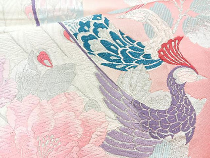 平和屋着物◎六通柄袋帯 唐織 孔雀花文 銀糸 正絹 逸品 BAAQ9553cm