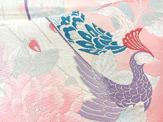 平和屋着物◎六通柄袋帯 唐織 孔雀花文 銀糸 正絹 逸品 BAAQ9553cm