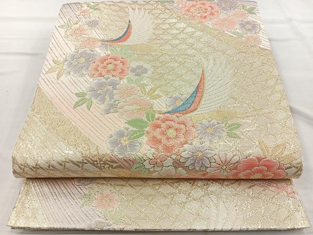 平和屋着物◎六通柄袋帯 花鳥文 金糸 正絹 逸品 BAAQ9591cm
