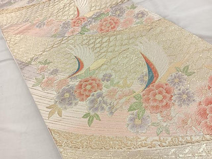 平和屋着物◎六通柄袋帯 花鳥文 金糸 正絹 逸品 BAAQ9591cm