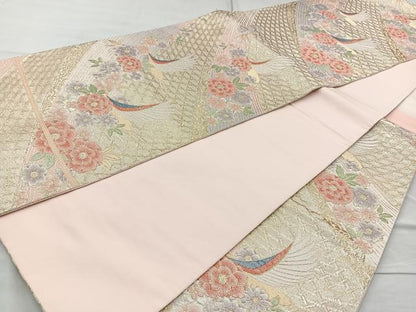 平和屋着物◎六通柄袋帯 花鳥文 金糸 正絹 逸品 BAAQ9591cm