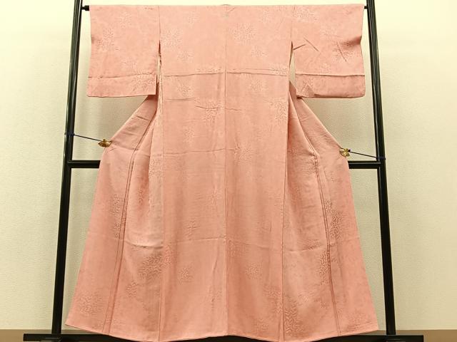 上質な紋無しの色無地袷着物　紅梅色　辻ヶ花地紋 平和屋着物□上質な色無地 草葉地紋 紅梅色 正絹 逸品 BAAQ9794je