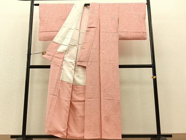 上質な紋無しの色無地袷着物　紅梅色　辻ヶ花地紋 平和屋着物□上質な色無地 草葉地紋 紅梅色 正絹 逸品 BAAQ9794je