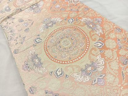 平和屋着物◎六通柄袋帯 唐織 正倉院花文 金銀糸 正絹 逸品 BAAQ9815cm