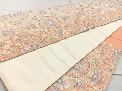 平和屋着物◎六通柄袋帯 唐織 正倉院花文 金銀糸 正絹 逸品 BAAQ9815cm