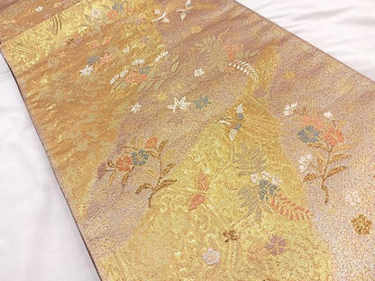 平和屋着物◎六通柄袋帯　道長鳳凰草花文　金糸　正絹　逸品　BAAQ9828cm
