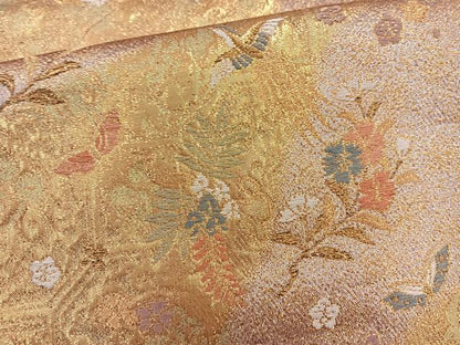 平和屋着物◎六通柄袋帯　道長鳳凰草花文　金糸　正絹　逸品　BAAQ9828cm