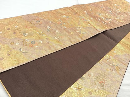 平和屋着物◎六通柄袋帯　道長鳳凰草花文　金糸　正絹　逸品　BAAQ9828cm