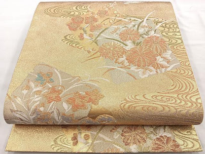 平和屋着物◎六通柄袋帯 流水色紙花文 金糸 正絹 逸品 BAAQ9836cm