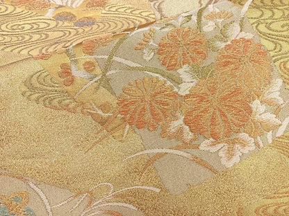 平和屋着物◎六通柄袋帯 流水色紙花文 金糸 正絹 逸品 BAAQ9836cm