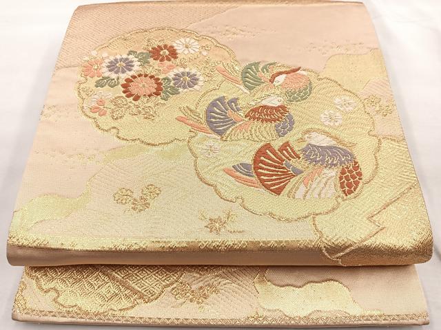 平和屋着物◎六通柄袋帯 唐織 雪輪鴛鴦花文 金糸 正絹 逸品 BAAQ9847cm
