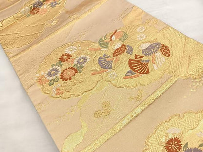 平和屋着物◎六通柄袋帯 唐織 雪輪鴛鴦花文 金糸 正絹 逸品 BAAQ9847cm
