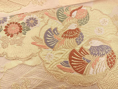 平和屋着物◎六通柄袋帯 唐織 雪輪鴛鴦花文 金糸 正絹 逸品 BAAQ9847cm