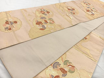 平和屋着物◎六通柄袋帯 唐織 雪輪鴛鴦花文 金糸 正絹 逸品 BAAQ9847cm