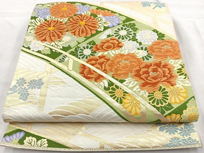 平和屋着物◎六通柄袋帯　唐織　渡橋花文　金銀糸　正絹　逸品　BAAQ9849cm