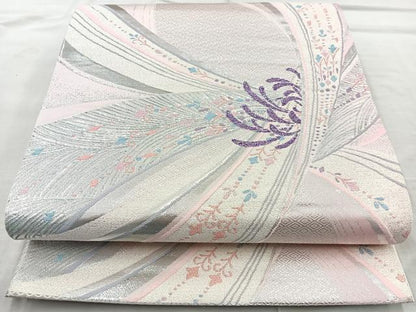 平和屋着物◎六通柄袋帯　花　銀糸　正絹　逸品　BAAQ9870cm