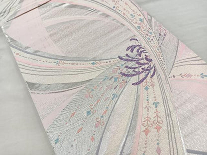 平和屋着物◎六通柄袋帯　花　銀糸　正絹　逸品　BAAQ9870cm