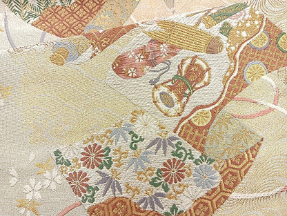 平和屋着物◎六通柄袋帯 唐織 朱雀つづれ 金糸 正絹 逸品 BAAQ9911cm