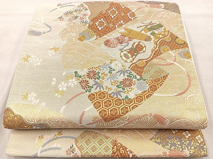 平和屋着物◎六通柄袋帯 唐織 朱雀つづれ 金糸 正絹 逸品 BAAQ9911cm