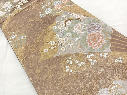 平和屋着物◎六通柄袋帯　唐織　扇面草花文　金銀糸　正絹　逸品　BAAQ9912cm
