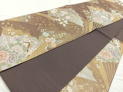 平和屋着物◎六通柄袋帯　唐織　扇面草花文　金銀糸　正絹　逸品　BAAQ9912cm