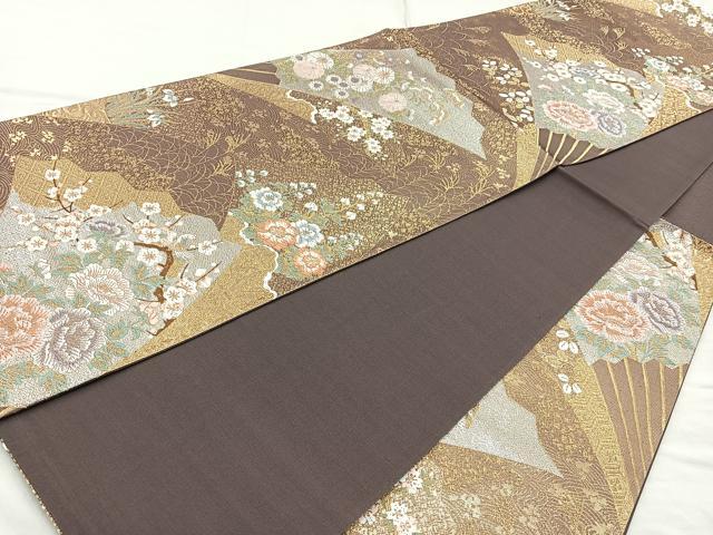 平和屋着物◎六通柄袋帯　唐織　扇面草花文　金銀糸　正絹　逸品　BAAQ9912cm