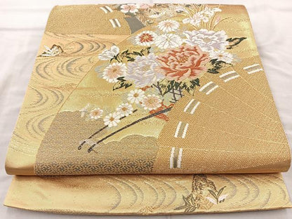 平和屋着物◎六通柄袋帯 唐織 扇面流水花文 金糸 正絹 逸品 BAAQ9918cm