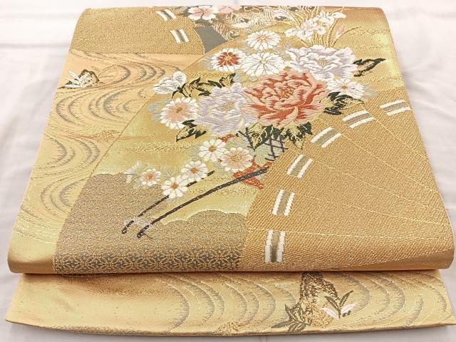 平和屋着物◎六通柄袋帯 唐織 扇面流水花文 金糸 正絹 逸品 BAAQ9918cm