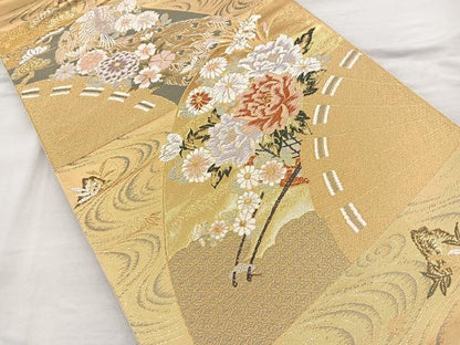 平和屋着物◎六通柄袋帯 唐織 扇面流水花文 金糸 正絹 逸品 BAAQ9918cm