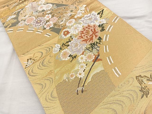 平和屋着物◎六通柄袋帯 唐織 扇面流水花文 金糸 正絹 逸品 BAAQ9918cm